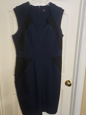 Gilli Navy Midi Dress with Black Lace Panels
